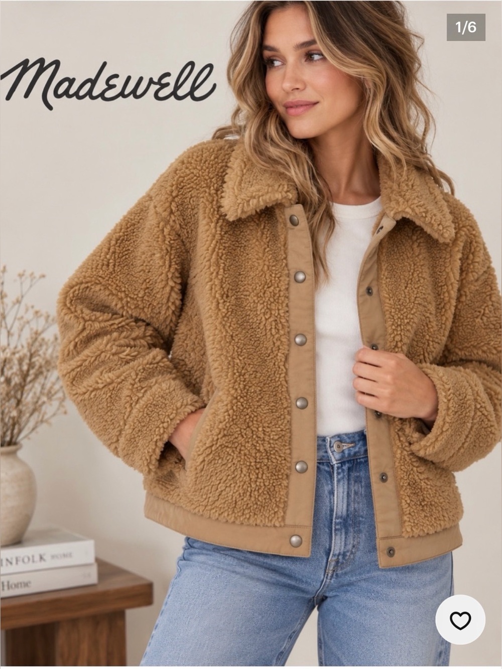 Madewell Camel Tan Teddy Sherpa Button-Front Jacket